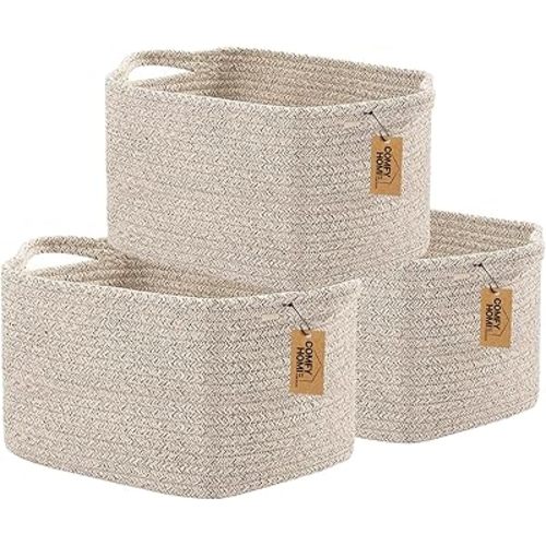 COMFY-HOMI 3PACK Cotton Rope Woven Basket With Handles for Shelves, Toy, Book, Cloth Storage Basket for Organizing|13.5" x 11" x 9.5" Decorative Nursery Cube Bin for Living Room（all brown）