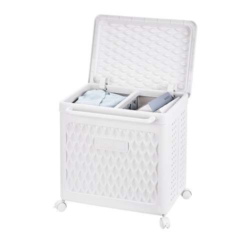 Vecelo 20 Inches Plastic Laundry Hamper with Lid Dual Compartments Rolling Laundry Basket with Wheels and Handle Collapsible Folding Laundry Organizer for Bathroom Bedroom