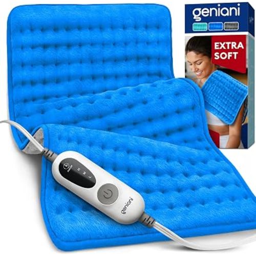 GENIANI Electric Heating Pad for Back Pain & Cramps Relief, Electric Throw, Auto Shut Off, Machine Washable, Moist Heat Pad for Neck & Shoulder, 12x24 Electric Blue