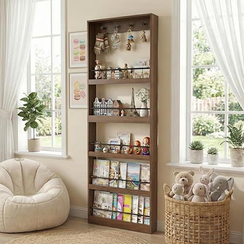 holzart Tall Wall Mounted Bookshelf with Hooks, 71.2" Narrow Behind The Door Organizer, Space-Saving Wooden Magazine Rack Display Shelf for Entryway, Living Room, Home Office, Rustic Brown