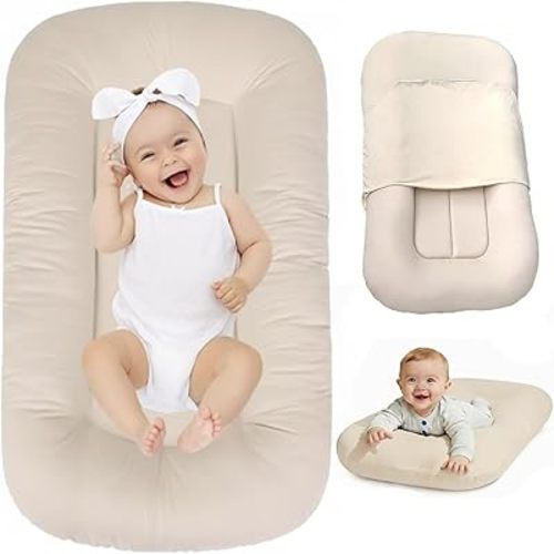 Baby Lounger 0-24 Months,Bionic Design Infant Lounger for Home and Travel with Cover,Breathable Baby Nest Waffle Fabric & 3D Support Newborn Babies Essentials Gifts,Cream White