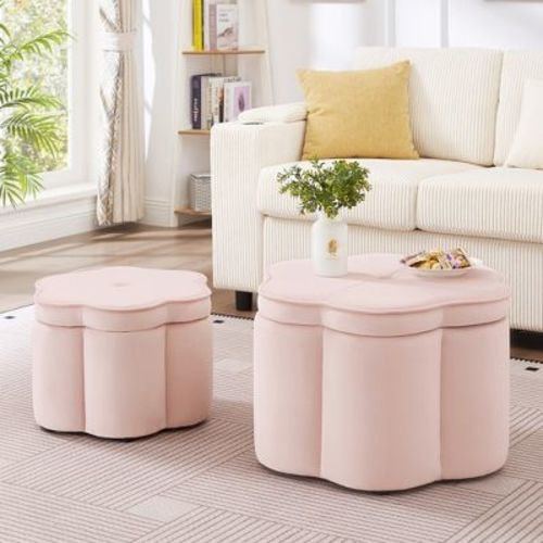 Set of 2 Storage Ottoman, Flower Shape Petal Ottoman, Velvet Ottoman Bench for Living Room & Entryway, Pink - ModernLuxe