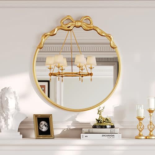 CozyDH Bow Round Wall Mirror - Gold Decorative Vintage Mirror Wall Decor with Metal Frame 21" for Nursery Girl, Entryway, Fireplace, Living Room, Hallway, Bathroom