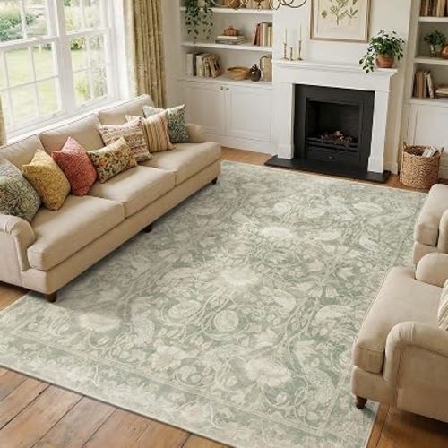 SIRIS 8x10 Washable Area Rug, Symmetrical Botanical Floral Vintage Living Room Rug, Low-Pile Non-Slip Floor Mat, Cozy Soft Muted Tone Carpet for Bedroom Nursery Dining Room Office, Sage Green