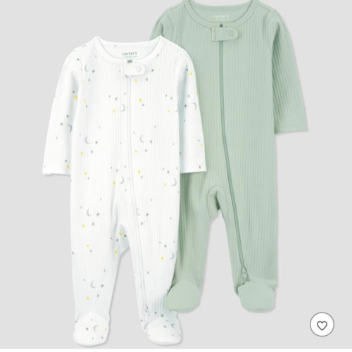 Carter's Just One You® Baby 2pk Sleep N' Play - Green/Ivory 9M: Footed Pajamas, Long Sleeve, Two-Way Zipper