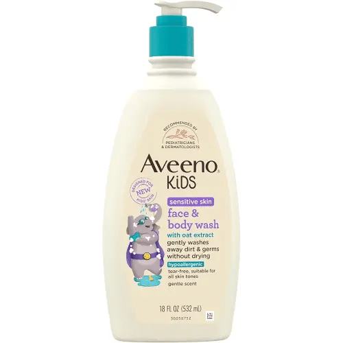 Aveeno Kids Face & Body Wash for Sensitive Skin, Oat Extract, Tear-Free, Non-Drying, Light Scent, Pump Dispenser, Hypoallergenic, Sulfate & Dye Free, 18 fl oz