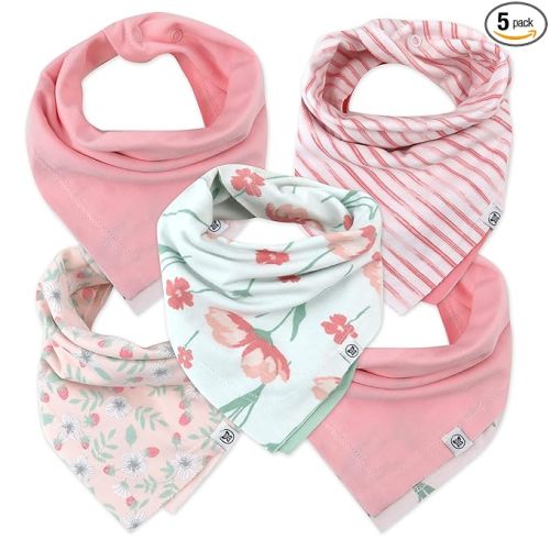 HonestBaby Girls Organic Cotton Bandana Drool Bib Multipack, 5-Pack Strawberry Cream, One Size