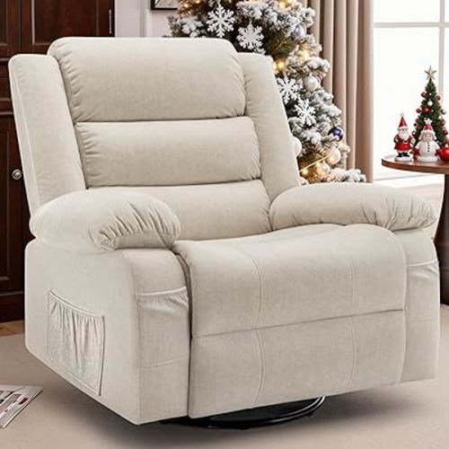 Recliner Chair, Wide Rocker Chair, Rocking Chair with Massage and Heat,360°Swivel Nursery Rocking Chairs, Oversized Recliner for Adults, Cashmere Reclining Sofa for Living Room, Beige