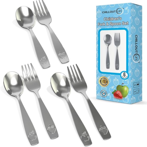 CHILLOUT LIFE Stainless Steel Kids Silverware Set 6 Pieces - Child and Toddler Safe Flatware - Kids Utensil Set - Metal Kids Cutlery Set (Includes 3 Small Kids Spoons & Kids 3 Forks)