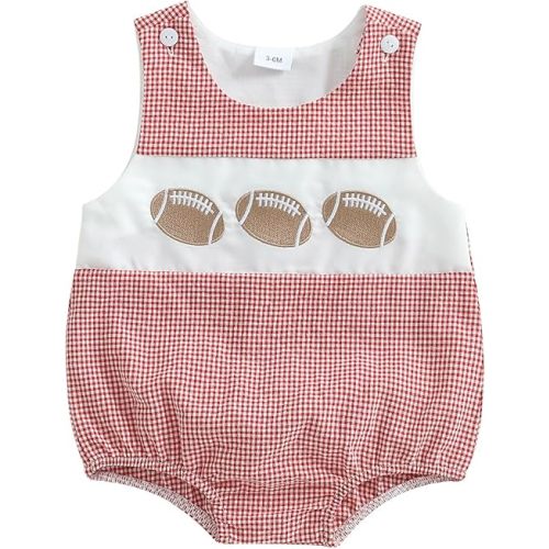 Infant Boy Girl Football Romper Newborn Baby Plaid Print Sleeveless Rompers Embroidery Golf Smocked Bodysuit Tops