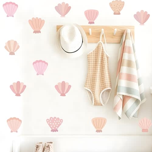 Seashell Wall Decals, Peel and Stick Under the Sea Watercolor Scallop Mural, Beach Seashell Wall Stickers for Kids, Boys and Girls Room & Nursery Decor (Seashell Wall Decals)