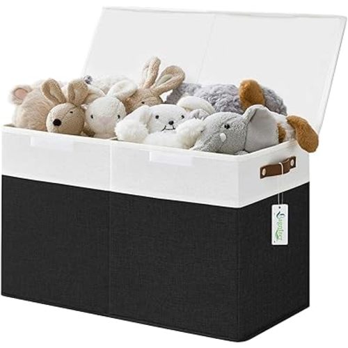 Large Toy Storage Box with Lids, Collapsible Sturdy Baby Storage Organizer Chest Bin Basket for Kids, Boys, Girls, Playroom, Nursery, Bedroom, Closet 25"x13"x16" (Black and White)