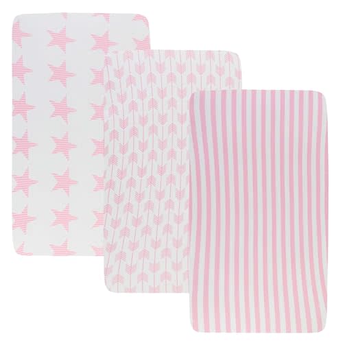 Onacosht Stretchy Bassinet Sheets 33" x 19" Compatible with Mika Micky, KoolaBaby (3 in 1), BabyBond, HARPPA and RICUTON Bedside Bassinet, 3 Pack for Baby Boy and Girl, Pink Arrow Star Stripe Printing