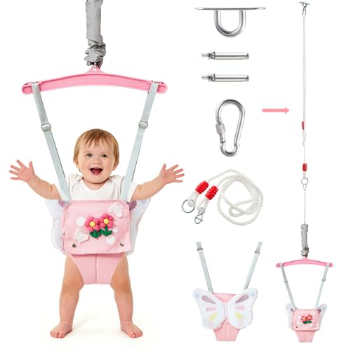FUNLIO Baby Jumper with a Ceiling Hook for 6-24 Months, Baby Door Jumper for Indoor/Outdoor Play, Jumper Doorway with Adjustable Chain, Easy to Assemble & Store (with a Ceiling Hook) - Pink Butterfly