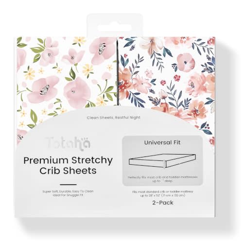 TotAha Premium Stretchy Crib Sheets (2-Pack)-Hypoallergenic, Silky Comfort, Buttery Soft, Calming Effect, All-Season Jersey-Knit Sheets, 9'' Extra Deep Pocket(Meredith Allover Floral & Pale Pink)