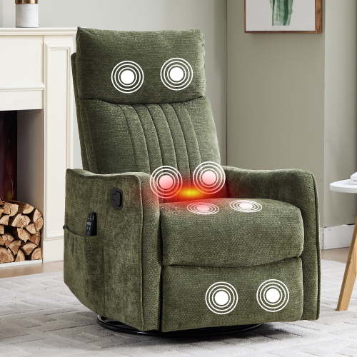 PAPROOS Swivel Rocker Recliner, Fabric 360°Swivel Rocking Chair with Massage and Heat, Glider Rocking Recliner for Nursery, Small Rocker Chair Manual Recliner for Home Theater Living Room, Green