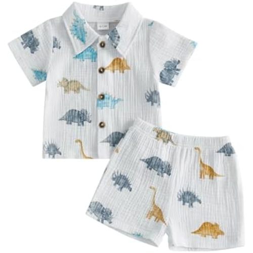 WZTYYDS ​Toddler Boy Summer Clothes Baby Dinosaur Outfit Short Sleeve Button Down Collared Shirt Tops Shorts Set