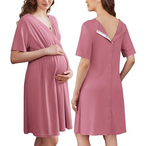 Ekouaer Labor and Delivery Gown for Hospital Short Sleeve Maternity Nursing Dress Nightgown with Button S-XXL
