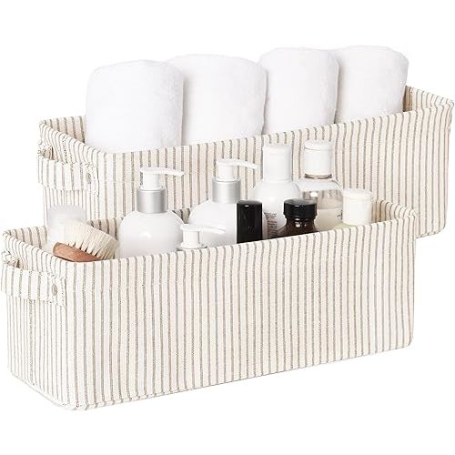 StorageWorks Narrow Storage Bins, Small Basket for Closet and Shelves, Fabric Organizer with Handles, Toilet Paper Storage, Khaki and Beige Stripes, 2-Pack