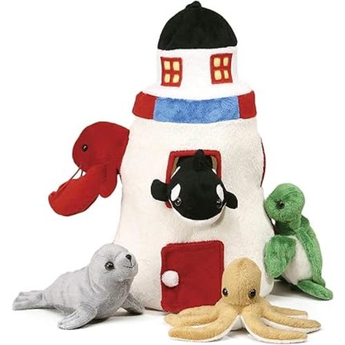 Plush Lighthouse with Animals - Five (5) Stuffed Sea Animals (Orca, Lobster, Sea Turtle, Seal, Octopus) in Play Lighthouse Carrying Case