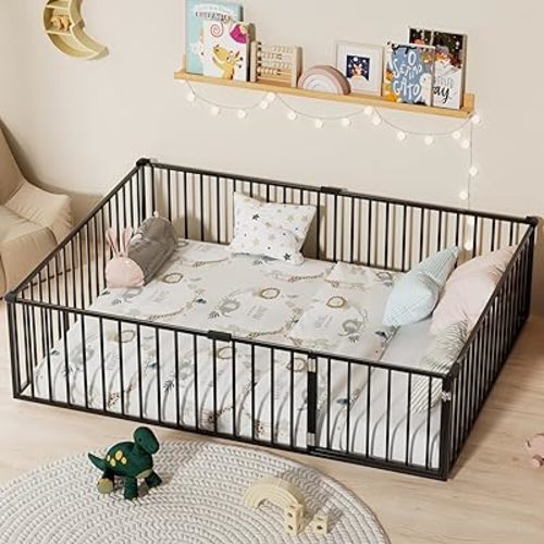 Queen Floor Bed for Children, Metal Montessori Bed Queen with Rails and Door, Montessori Floor Beds Frame for Girls and Boys, Easy Assemble, Without Slats, Black