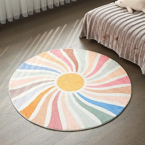 Topotdor Sun Rainbow Round Rug,Colorful Boho Kids Rug Ultra Soft Washable Nursery Rug for Bedroom Perschool Classroom,63" Round