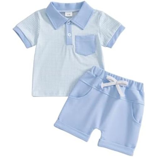 Toddler Baby Boy Summer Clothes Plaid Lapel Short Sleeve T-Shirt Top Shorts Sets Infant Outfit 6 12 18 24 Months