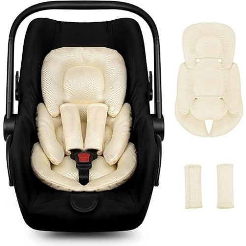 Infant Car Seat Insert for Newborn Girls Boys, Summer Mesh Strap Pads, Soft Reversible Baby Car Seat Insert Cushion Pad for Stroller, Bouncer, Swing, High Chair, Beige