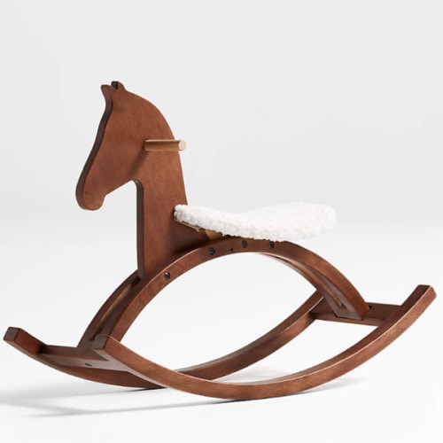 Deep Brown Wooden Kids Rocking Horse with Sherpa Seat