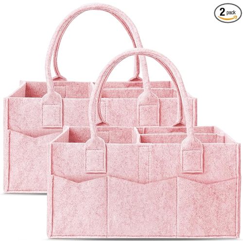 Cute Castle 2 Pack Diaper Caddy Organizer - Portable Baby Caddy Organizer with Handle, Nursery Storage Bin and Car Organizer for Girls, Boys - Baby Gift Basket - Pink