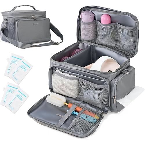 2025 New Upgraded Breast Pump Bag Fit for Spectra S1 and S2, Breast Pumping Bag with Waterproof Mat + 4PCs Plastic Bags for Milk, Portable Pump Carrying Case for Work, Travel and Family Use (Gray)
