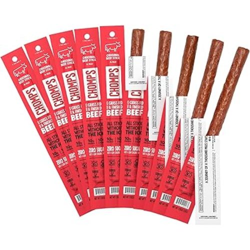 Chomps Grass-Fed and Finished Original Beef Jerky Snack Sticks 10-Pack - Keto, Paleo, Whole30, 10g Lean Meat Protein, Gluten-Free, Zero Sugar Food, Non-GMO
