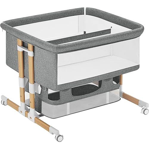 HARPPA DuoHarbor Twins Bassinet Bedside Sleeper, Bedside Crib with Storage and Anchor Strap for Newborns (Wood Grain, Grey)