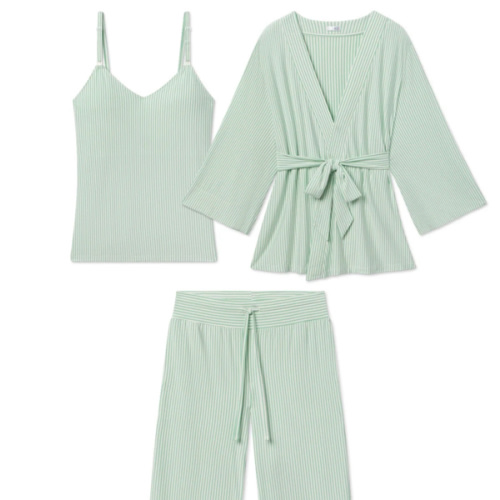 LAKE | Women | DreamModal Pajamas | Parisian Green Pencil Stripe Maternity Kimono Bundle