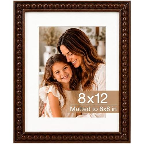 Solid Wood 8x12 Picture Frame Beaded Frame with 6x8 Mat, Rustic Vintage 8 by 12 Photo Frame Matted with Plexiglass for Tabletop or Wall Display, Brown