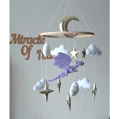 Felt Fairy Dragon Baby Mobile Boy and Girl: Lilac Fantasy Nursery Decor