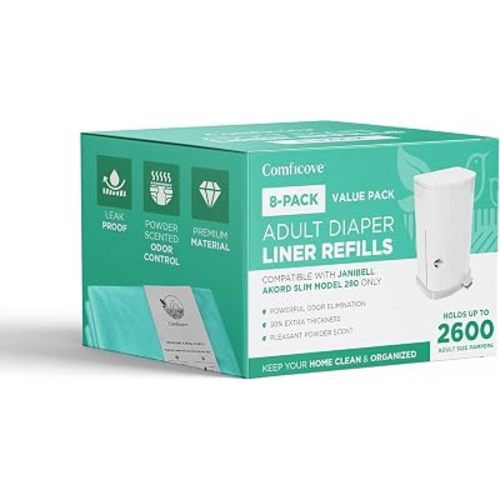 Comficove 8 Pack Janibell Akord Refill Liners, Compatible with Janibell Akord 280 Slim Model, Adult Diaper Pail Liners, Odor Resistant Bags