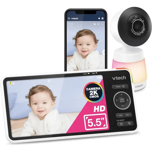 VTech Smart WiFi Baby Monitor, 2K CMOS Sensor Camera, 5.5-inch HD IPS Screen, Clear Infrared Night Vision, Pan-Tilt, 24x Zoom, 2-Way Talk, Multi-Color Night Light, Soothing, Free App: Smart HD Plus