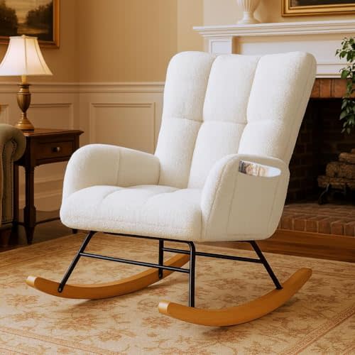 COMHOMA Nursery Rocking Chair, Teddy Glider Rocker with Pockets | High Backrest Accent Reading Chair for Adult, Nursery, Bedroom, Living Room