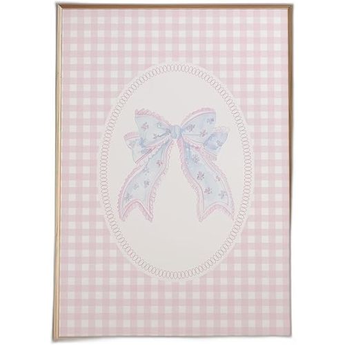 Physical print wall art for nursery in pastel pink gingham with oval centerpiece and bow motif, grandmillennial decor for a feminine home