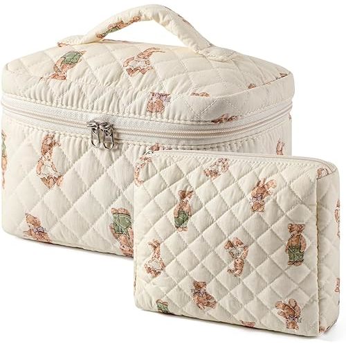 uekeboag 2 pcs Large Floral Quilted Makeup Bag Set for Women, Cotton Quilted Big Cosmetic Bag, Coquette Aesthetic Cute Travel Toiletry Bag