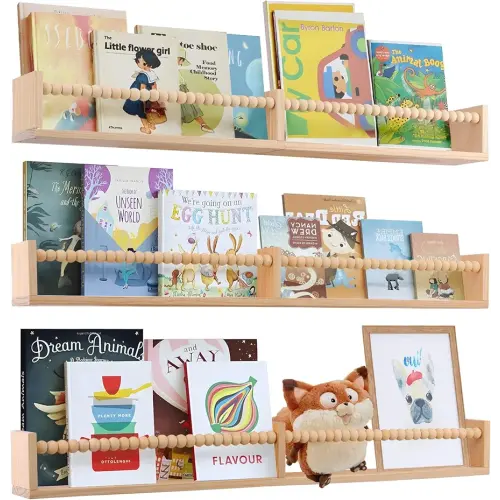 birola Nursery Book Shelves for Kids Rooms - 32 Inches Floating Wall Bookshelves Set of 3, Space-Saving Nursery Shelves with Beads Design for Kids Room, Bedroom and Study Room(Natural)