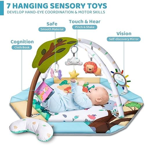 Baby Gym Play Mat, 8-in-1 Tummy Time Mat & Ball Pit with 6 Toys, Washable Baby Activity Play Mat for Visual, Hearing, Sensory, Motor Development, Baby Toys Gift for Toddler Infant 0-3-6-9-12 Month