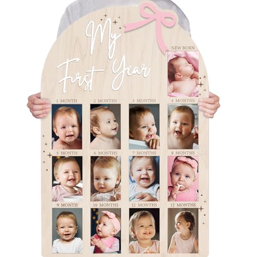 Bosctanuc Large My First Year Pink Bow Picture Frame for 33 x 22 Inch Wooden Photo Board ,12 Monthly Photo Display 1st Birthday Decorations Baby Gift for Newborn Keepsake,Baby Girl Picture Frame (Pink Bow, Wood, 33X22)