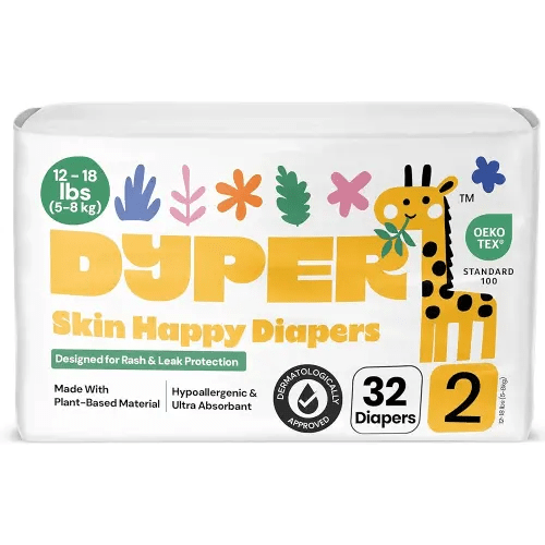 DYPER - Baby Diapers Size 2 (32 Count) - Plant Based Disposable Diapers for Day and Overnight Premium Leak Protection, Skin-Friendly Comfort with Soft Size 2 Diapers (12-18 lbs)