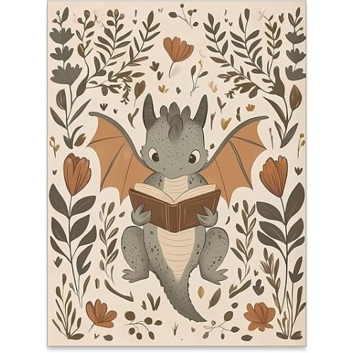 FuSatisYilife Cute Baby Dragon Canvas Wall Art Reading Poster Whimsical Folk Art Prints Dragon Picture Painting for Nursery Kids Room Library Classroom Reading Nook Bookish Decor 12x16inch Unframed