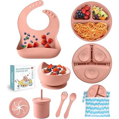 ECLIP Silicone Baby Feeding Set, 10 Pcs Baby Eating Essentials with Suction Bowl Divided Plate Adjustable Bib Soft Spoon Fork Snack Cup with Lid Drinking Cup, Utensil (Brick Red)