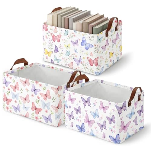3 Pack Butterfly Storage Baskets for Gifts Butterfly Empty Large Collapsible Toy Storage Bins Box Spring Canvas Baskets Organizer with Handles Cute Nursery Decor Laundry Basket for Shelves Closet