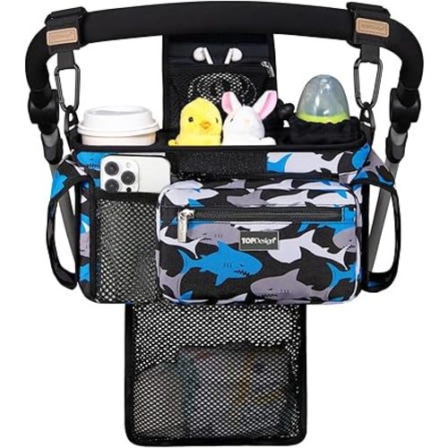 TOPDesign Universal Baby Stroller Organizer, Stroller Caddy with Detachable Mesh Bag & Heightened Insulated Cup Holders & Non-Slip Secure Hooks Accessories, Fits Most Strollers (Sharks)