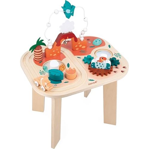 Janod - Activity Table Dinosaur - 8 Little Games - Multiple Entertanment Toy - Early Development for Children and Toddlers - from 12 Months - J05825